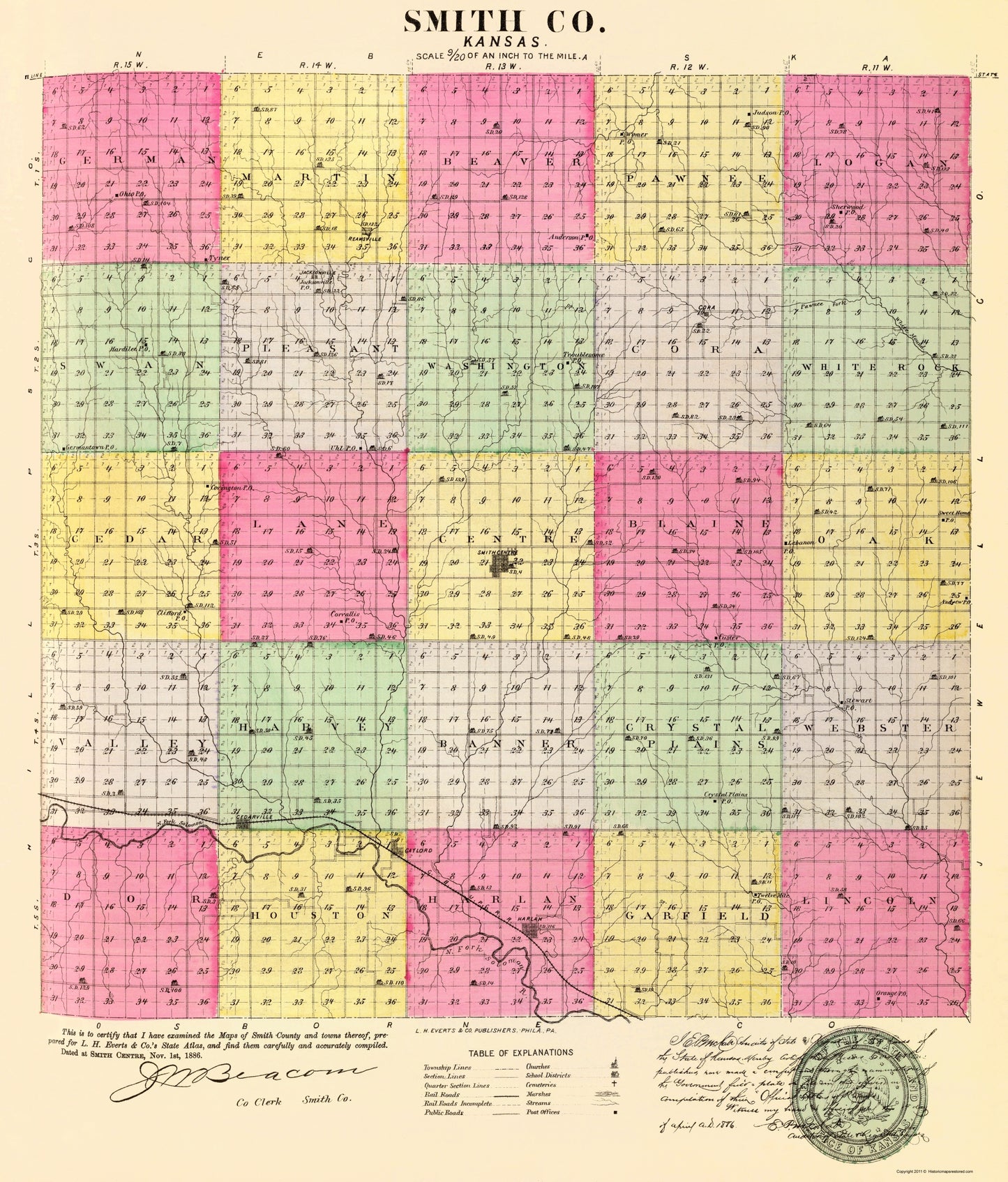 Historic County Map - Smith County Kansas - Everts 1887 - 23 x 26.96 - Vintage Wall Art