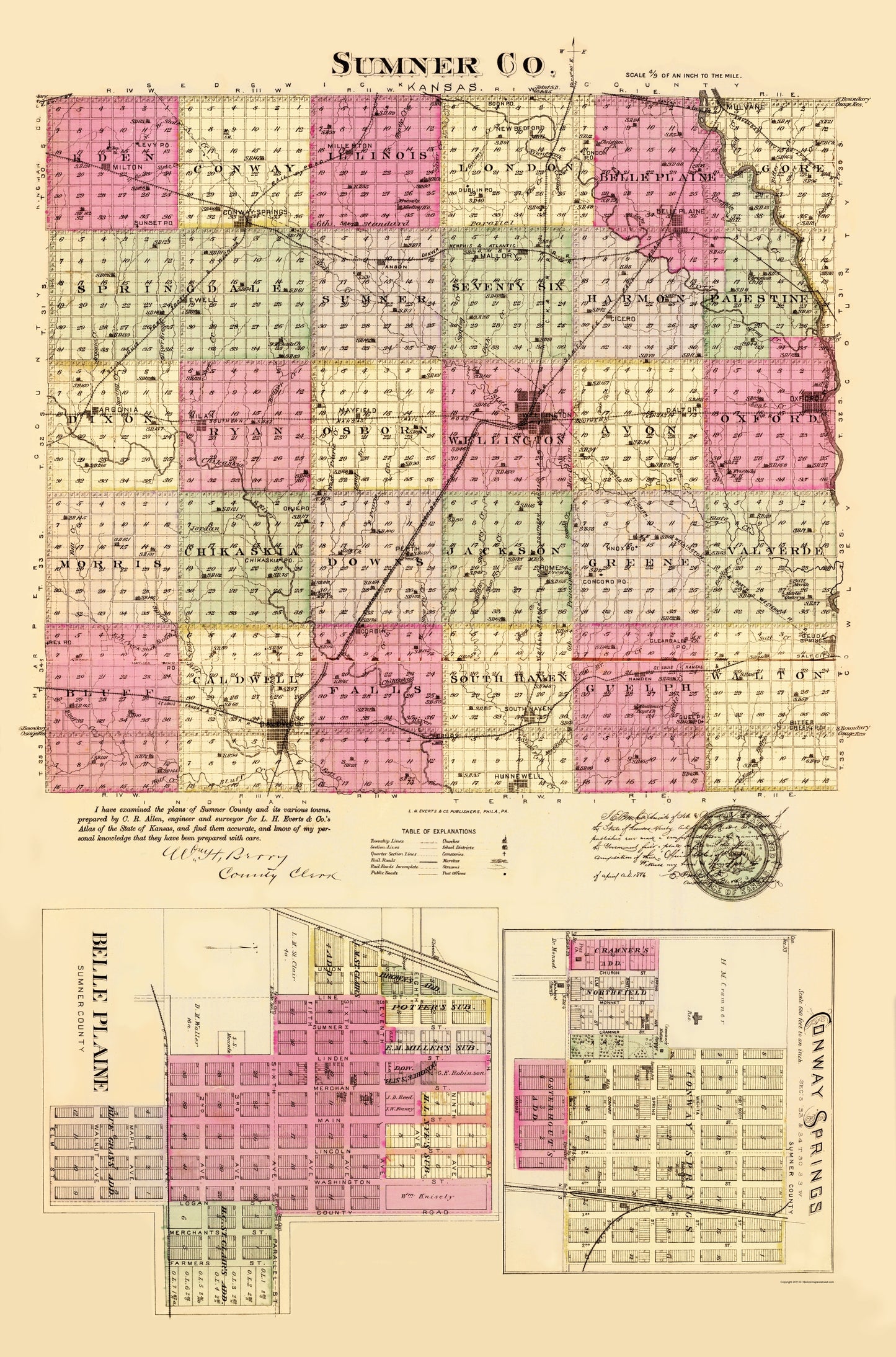 Historic County Map - Sumner County Kansas - Everts 1887 - 23 x 34.83 - Vintage Wall Art