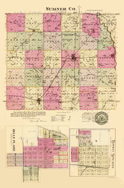 Historic County Map - Sumner County Kansas - Everts 1887 - 23 x 34.83 - Vintage Wall Art