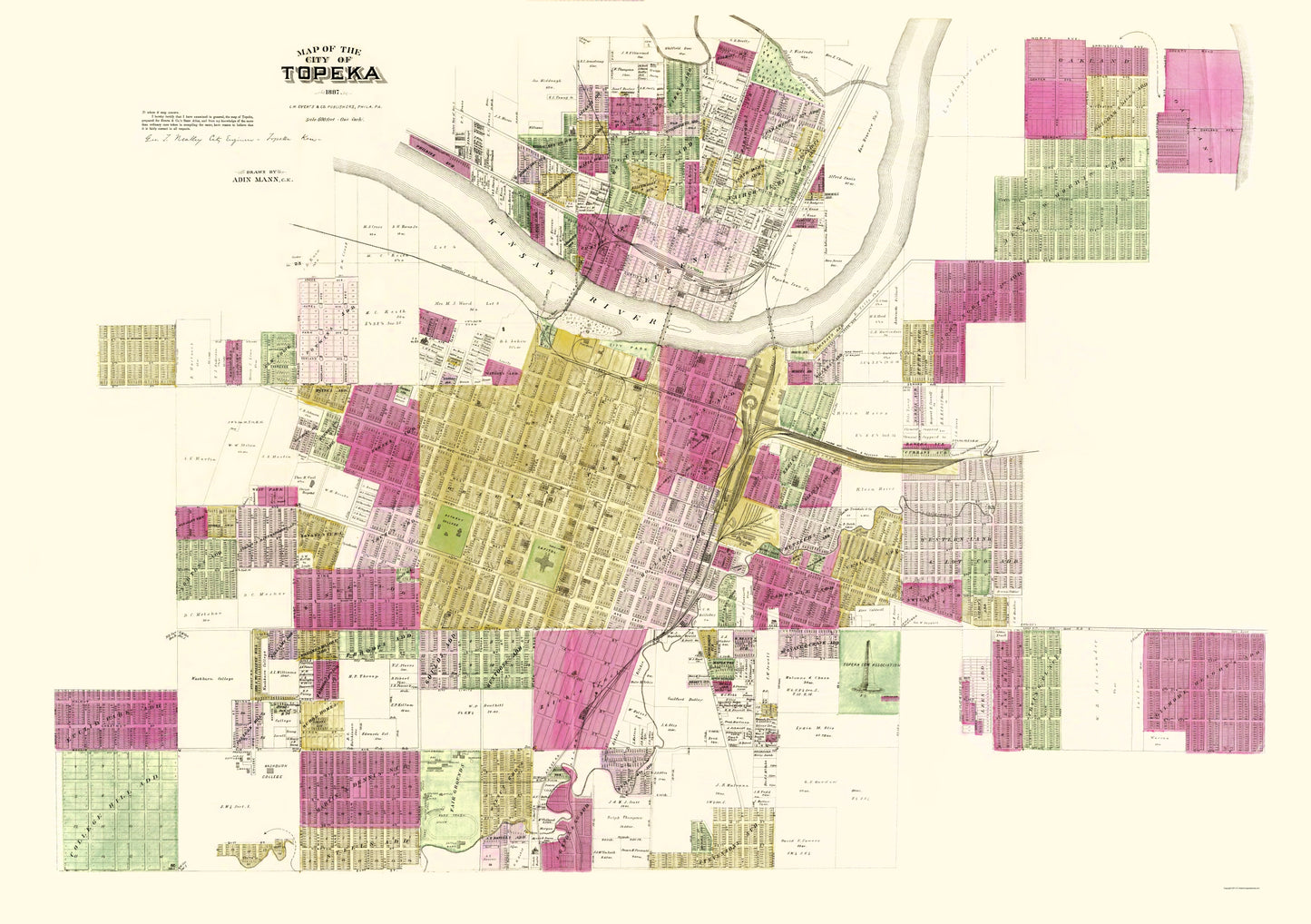 Historic City Map - Topeka Kansas - Everts 1887 - 23 x 32.66 - Vintage Wall Art