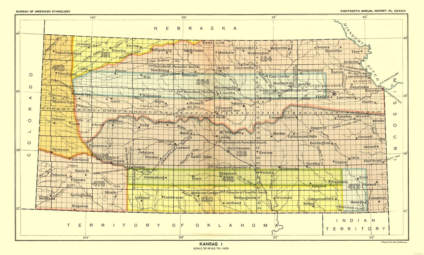 Historic State Map - Kansas - Hoen 1896 - 38.14 x 23 - Vintage Wall Art