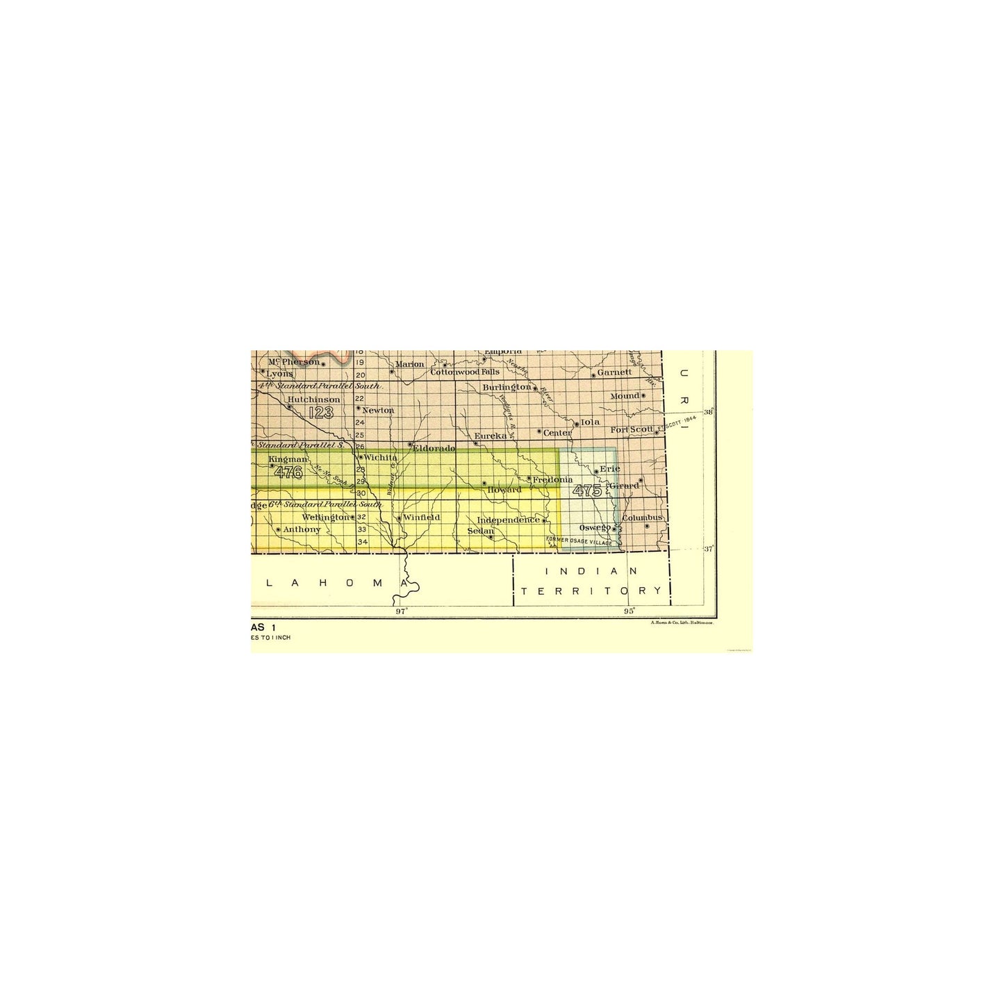 Historic State Map - Kansas - Hoen 1896 - 38.14 x 23 - Vintage Wall Art
