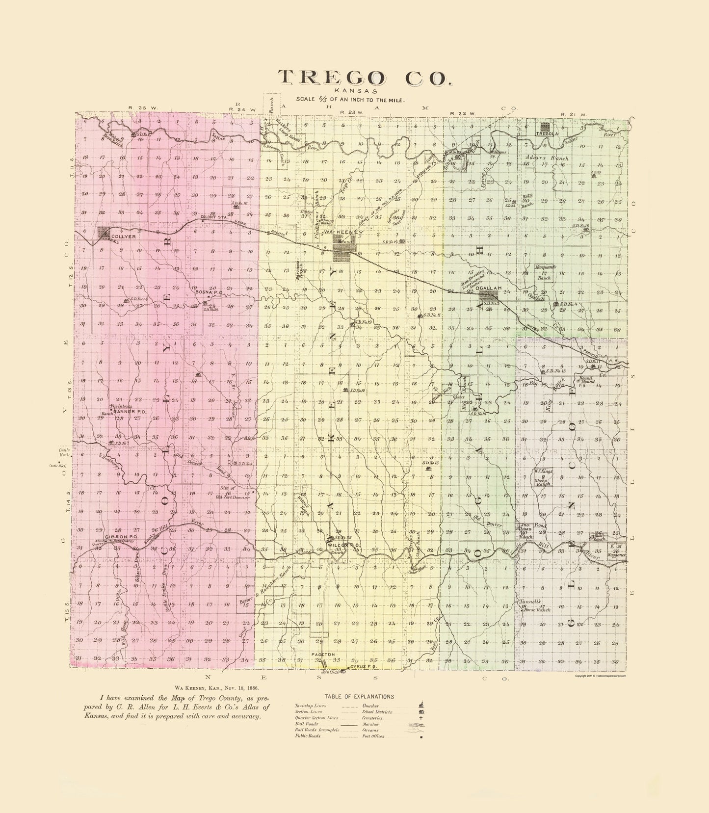 Historic County Map - Trego County Kansas - Everts 1887 - 23 x 26.37 - Vintage Wall Art