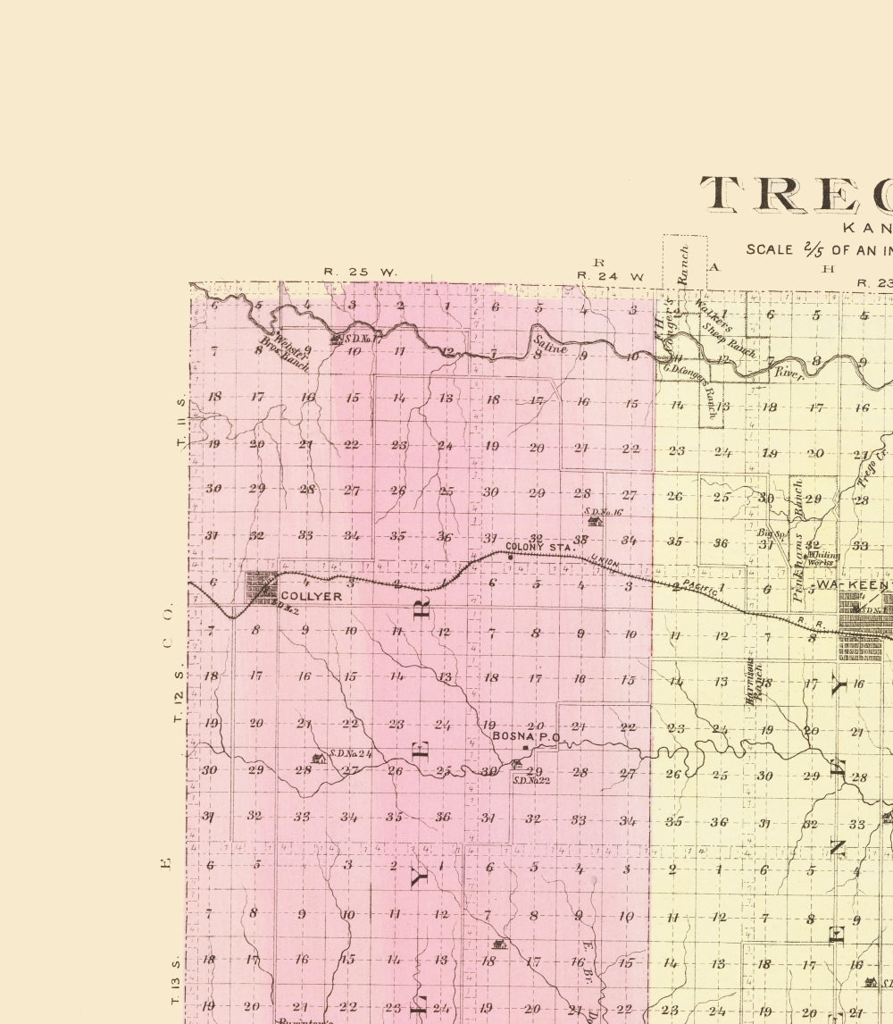 Historic County Map - Trego County Kansas - Everts 1887 - 23 x 26.37 - Vintage Wall Art