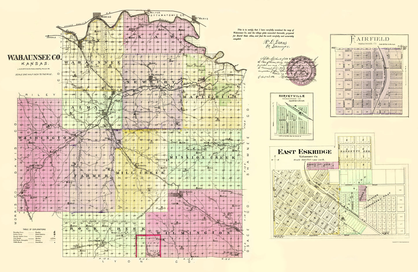 Historic County Map - Wabaunsee County Kansas - Everts 1887 - 23 x 35.29 - Vintage Wall Art