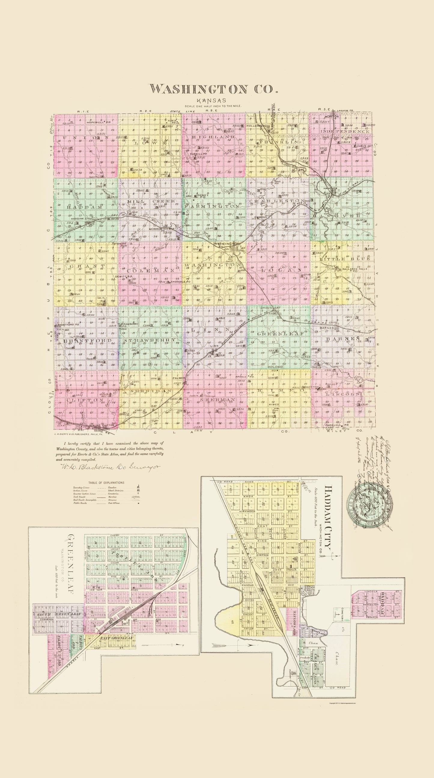 Historic County Map - Washington County Kansas - Everts 1887 - 23 x 41.24 - Vintage Wall Art