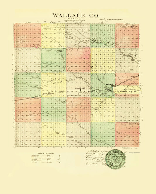 Historic County Map - Wallace County Kansas - Everts 1887 - 23 x 28.69 - Vintage Wall Art