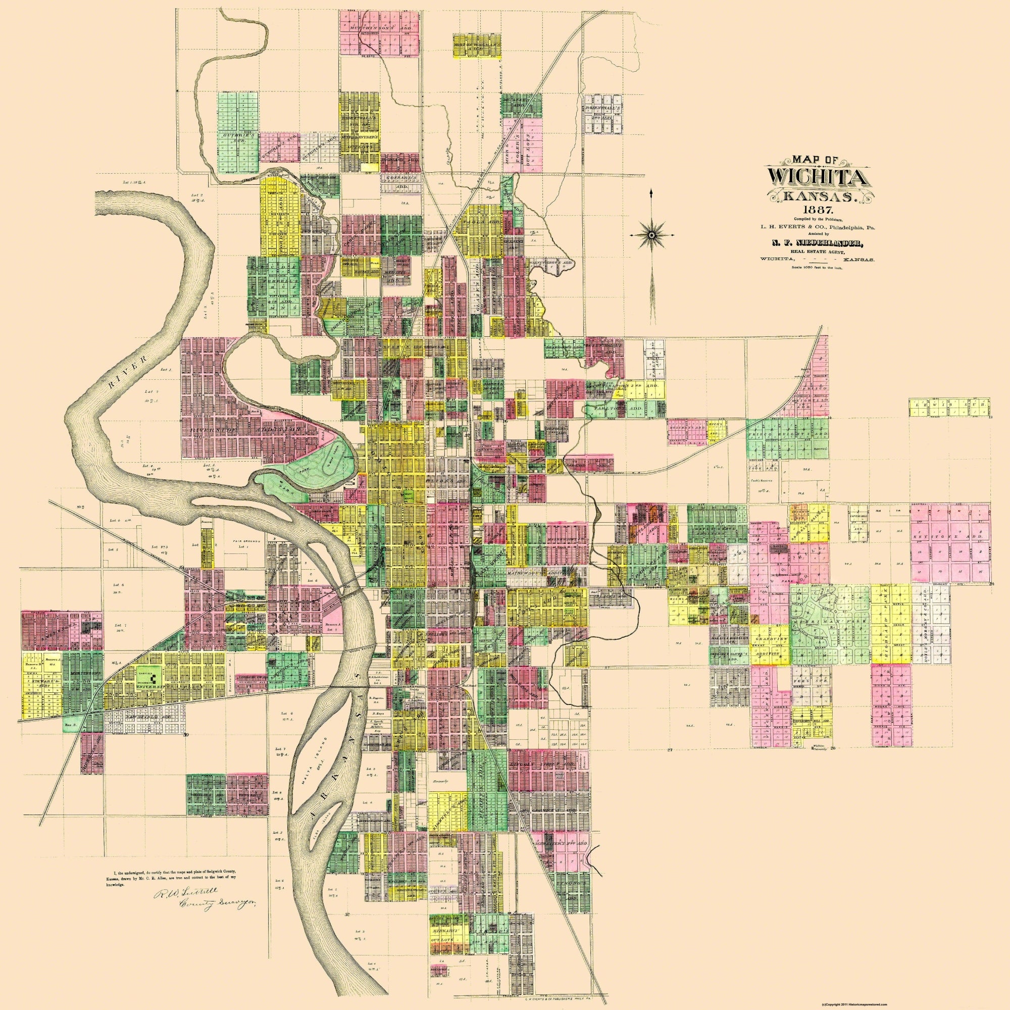 Wichita Area Map Historic City Map - Wichita Kansas - Everts 1887 - Vintage Wall Art ...