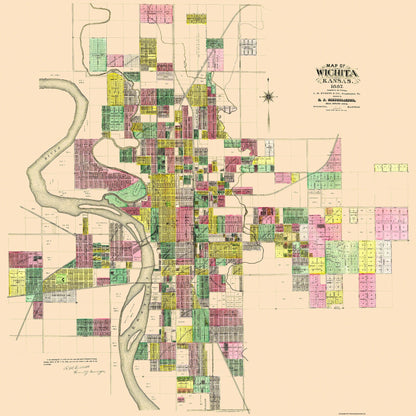 Historic City Map - Wichita Kansas - Everts 1887 - 23 x 23 - Vintage Wall Art
