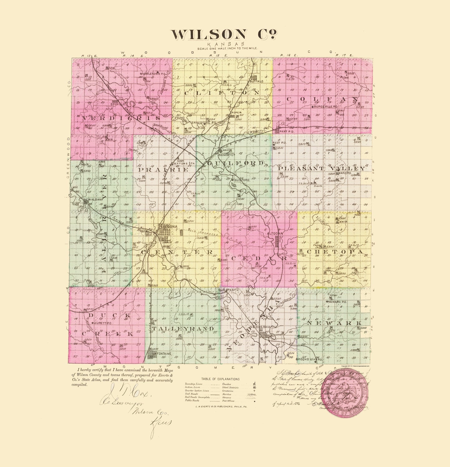 Historic County Map - Wilson County Kansas - Everts 1887 - 23 x 23.86 - Vintage Wall Art