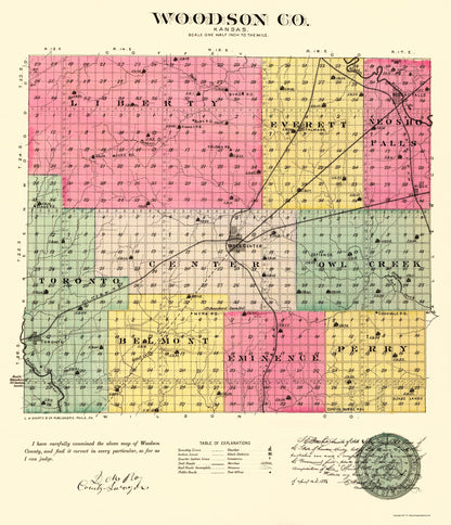 Historic County Map - Woodson County Kansas - Everts 1887 - 23 x 26.76 - Vintage Wall Art