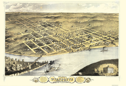 Historic Panoramic View - Wyandotte Kansas - Ruger 1869 - 33.75 x 23 - Vintage Wall Art