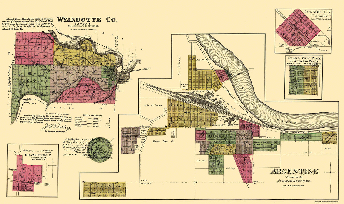 Historic County Map - Wyandotte County Kansas - Everts 1878 - 38.75 x 23 - Vintage Wall Art