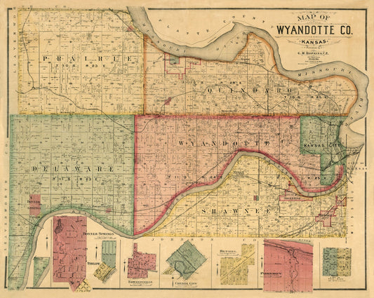 Historic County Map - Wyandotte County Kansas - Hopkins 1887 - 28.88 x 23 - Vintage Wall Art