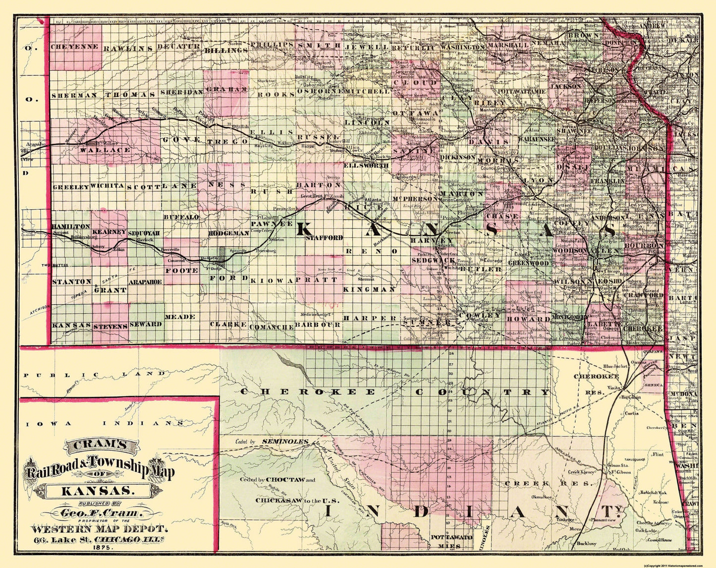 Historic State Map - Kansas - Cram 1875 - 29 x 23 - Vintage Wall Art