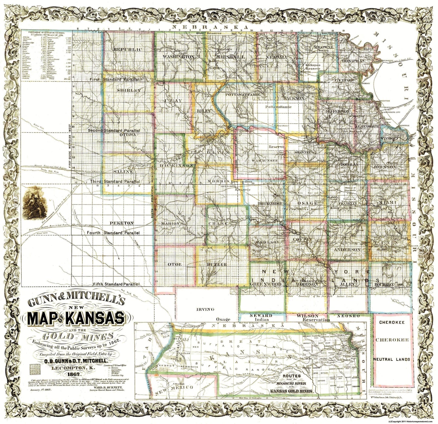 Historic Mine Map - Kansas Gold Mines - Gunn 1862 - 23.75 x 23 - Vintage Wall Art