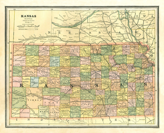 Historic State Map - Kansas - Cram 1886 - 23 x 28.31 - Vintage Wall Art