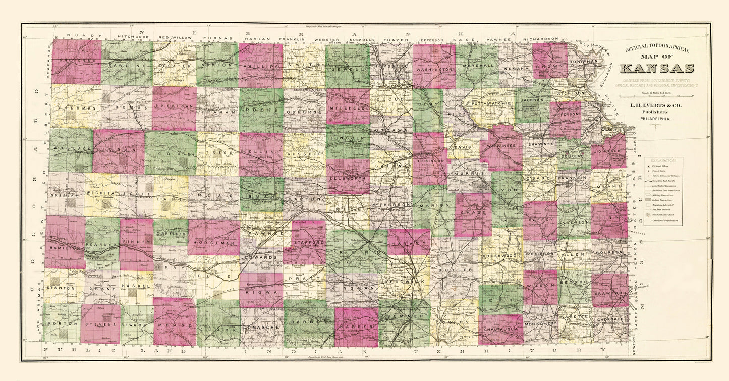 Historic State Map - Kansas - Everts 1887 - 23 x 44.05 - Vintage Wall Art