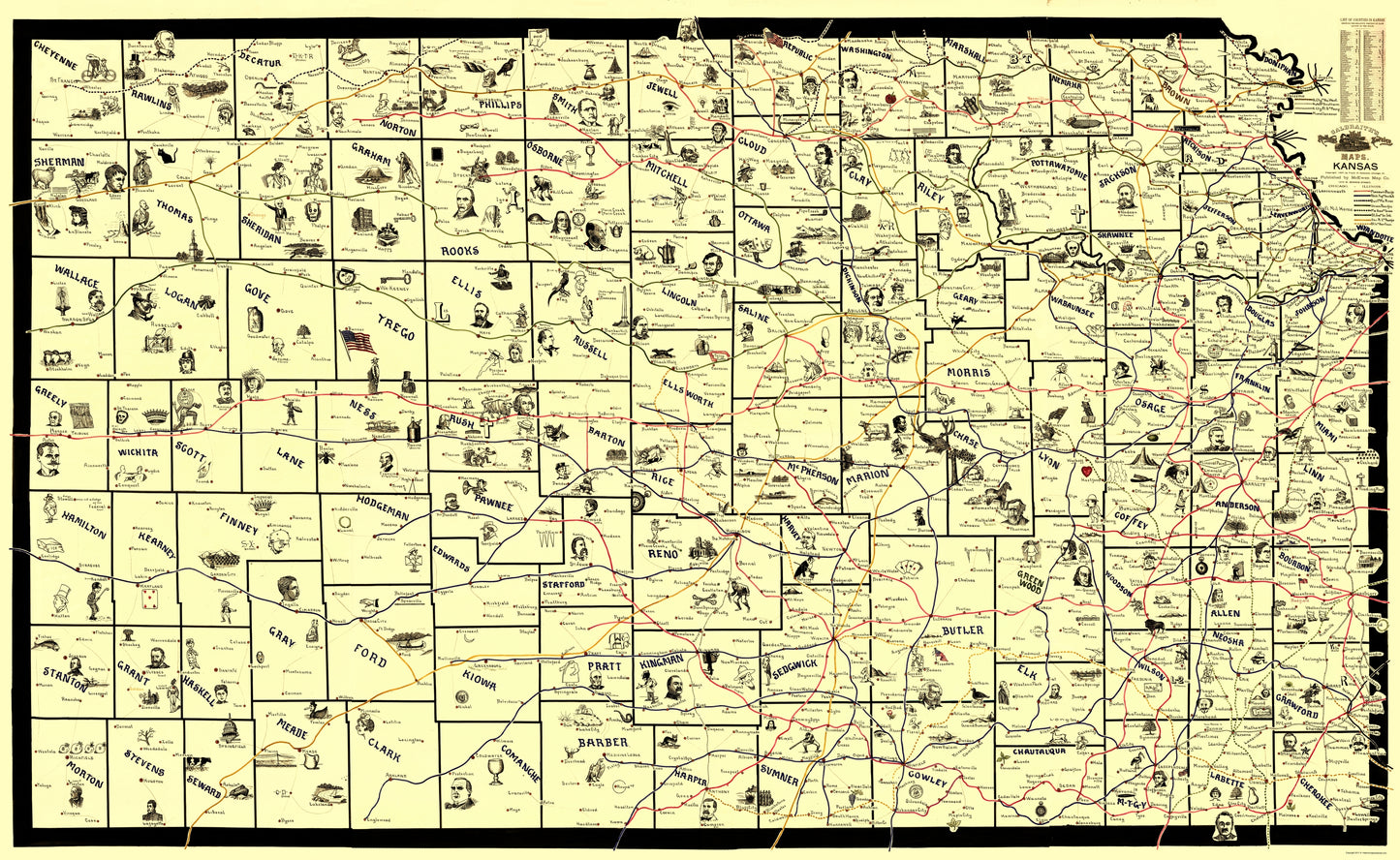 Railroad Map - Kansas Railroad Routes - McEwen 1897 - 23 x 37.41 - Vintage Wall Art