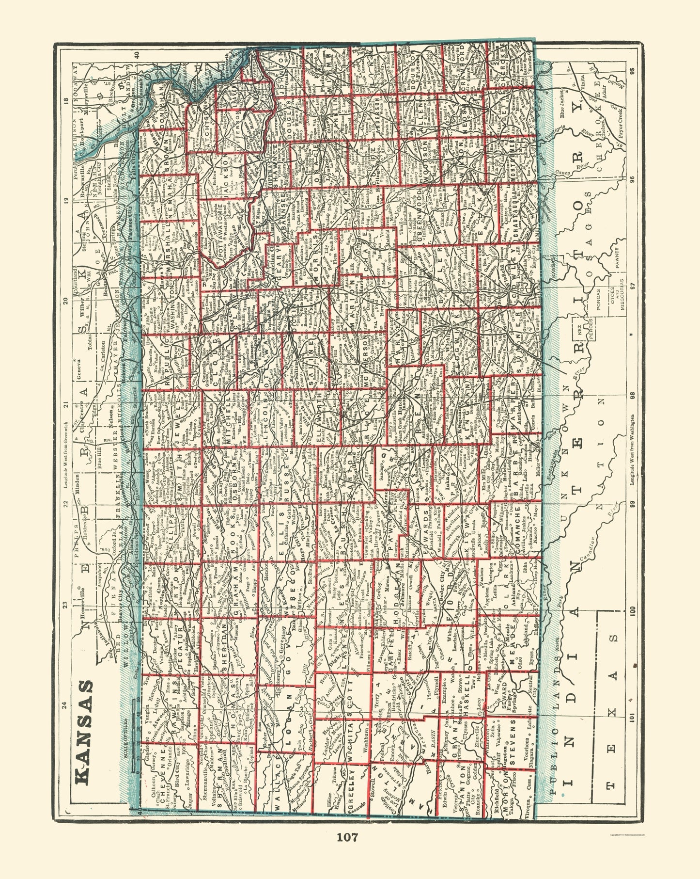 Historic State Map - Kansas - Rathbun 1893 - 23 x 28.85 - Vintage Wall Art