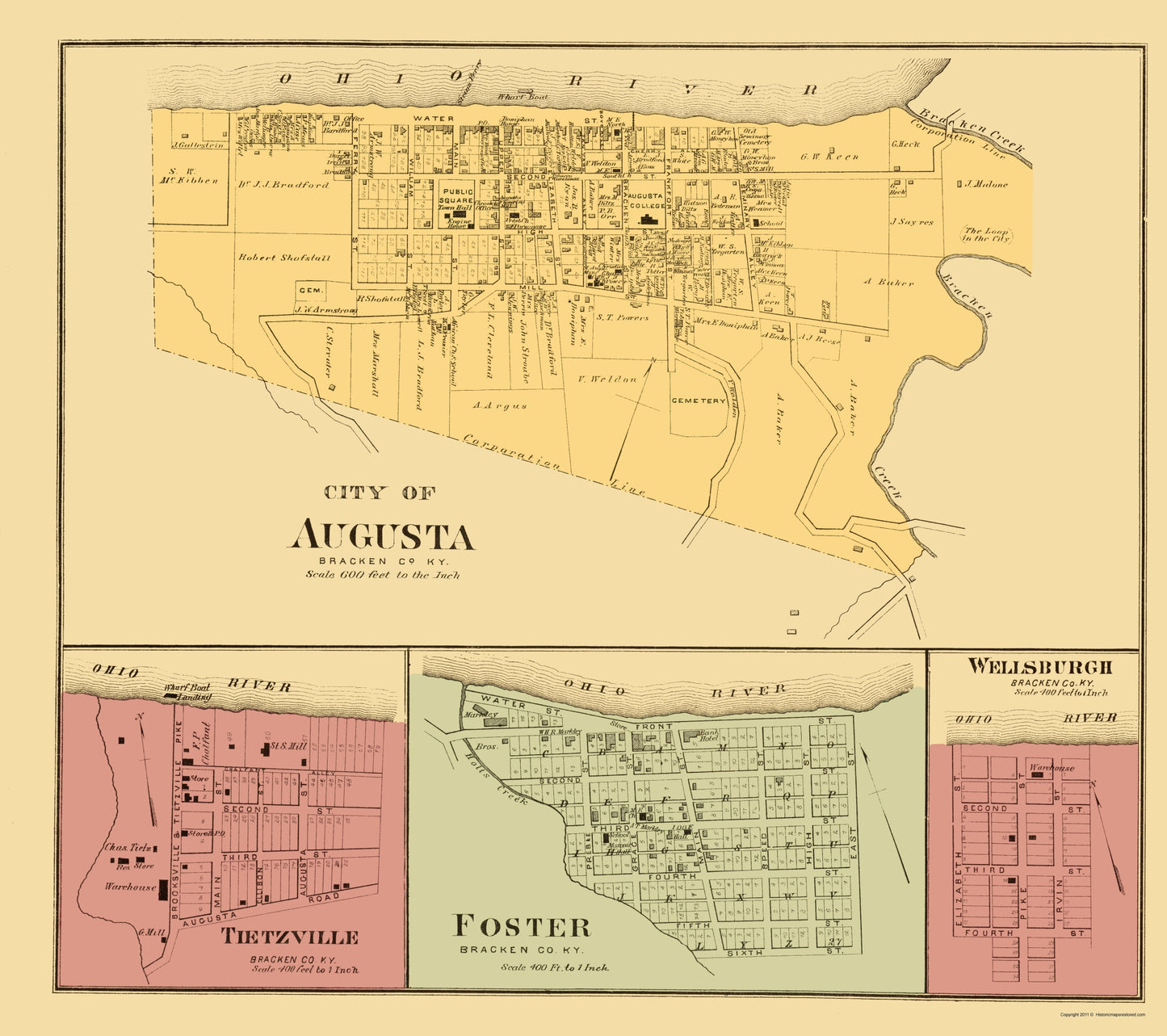 Historic City Map - Augusta Tietzville Foster Wellsburgh Kentucky - Hayes 1877 - 23 x 25 - Vintage Wall Art