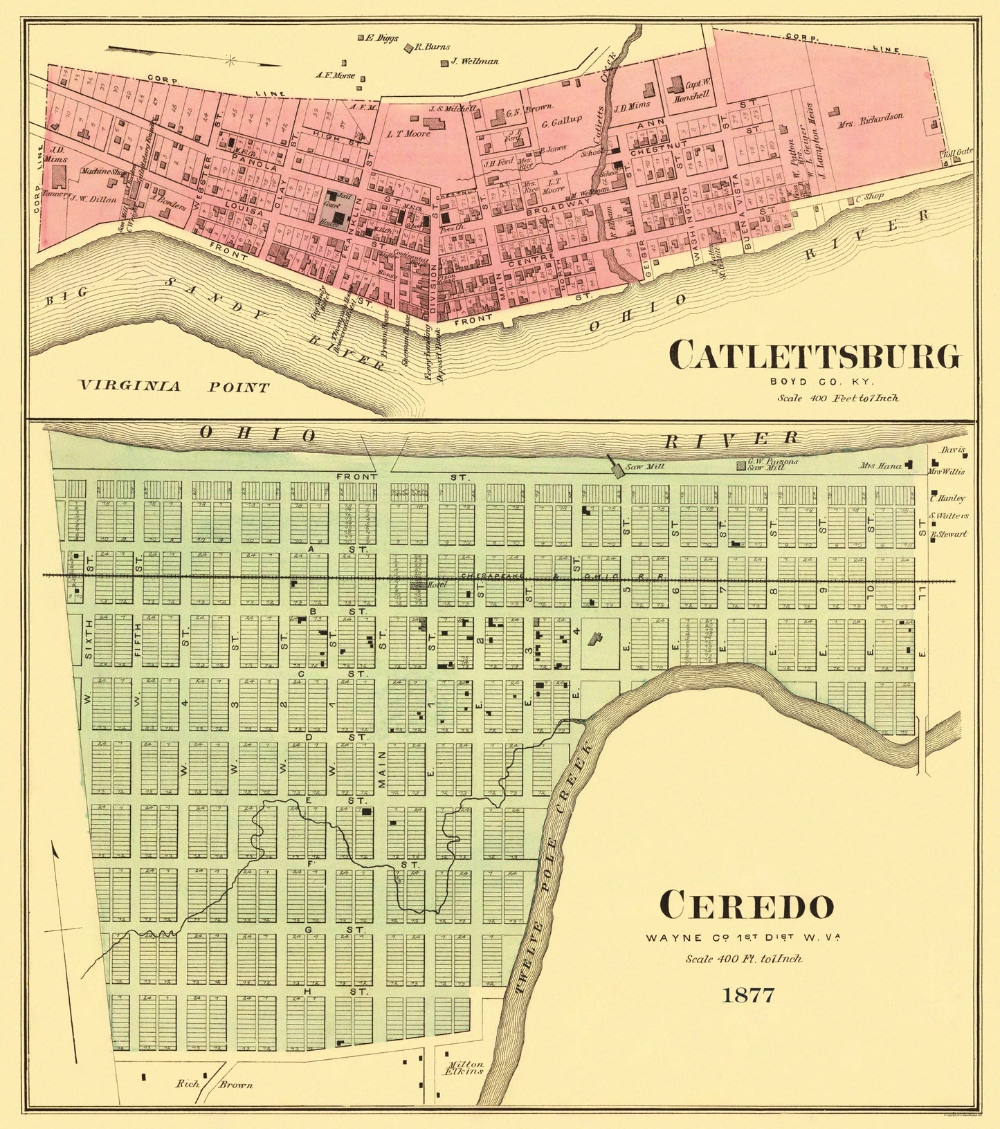 Historic City Map - Catlettsburg Ceredo Kentucky West Virginia - Hayes 1877 - 23 x 26 - Vintage Wall Art