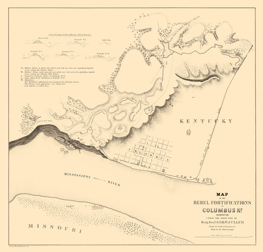 Historical Civil War Map - Columbus Kentucky Fortifications - Cullum 1862 - 23.96 x 23 - Vintage Wall Art
