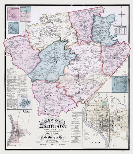 Historic County Map - Harrison County Kentucky - Beers 1877 - 23 x 26.66 - Vintage Wall Art