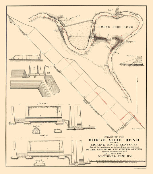 Historic City Map - Horse Shoe Bend Licking River Armory Kentucky - Gales 1832 - 23 x 26.21 - Vintage Wall Art