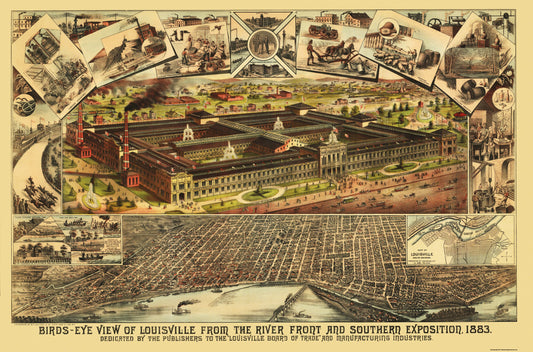 Historic Panoramic View - Louisville Kentucky - Clarke 1883 - 34.81 x 23 - Vintage Wall Art