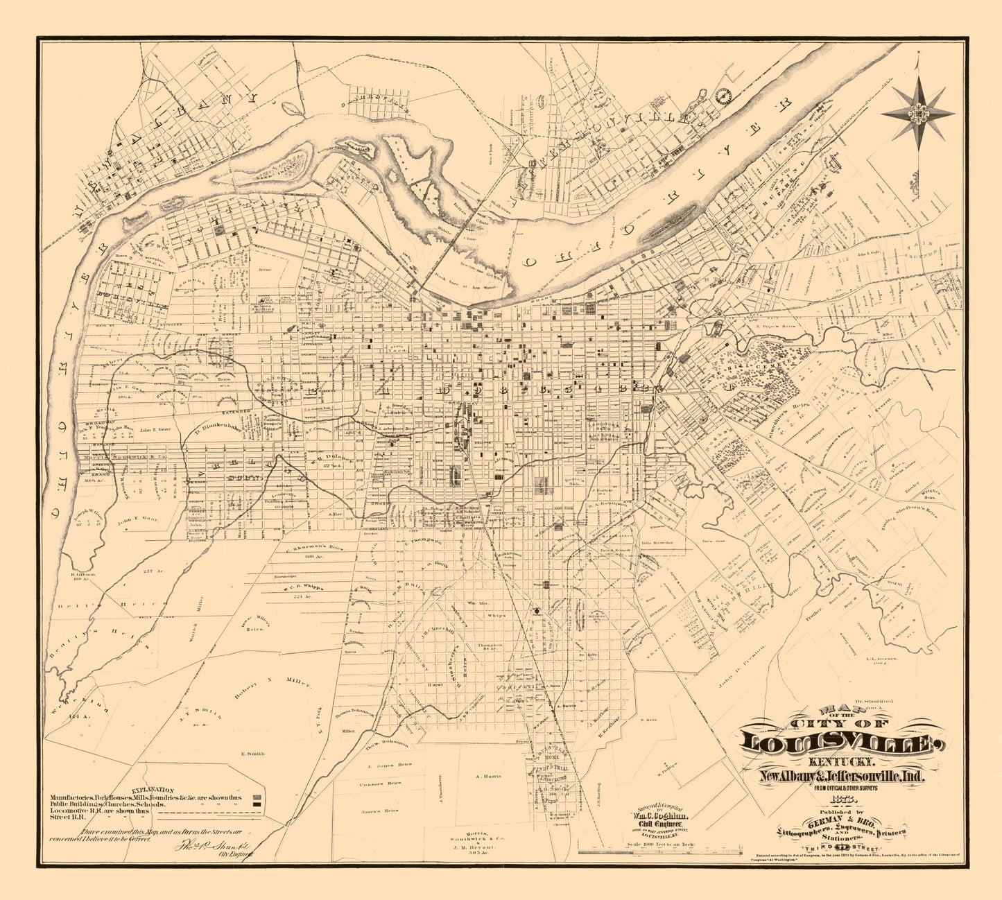 Historic City Map - Louisville Kentucky - Coghlan 1873 - 25.61 x 23 - Vintage Wall Art