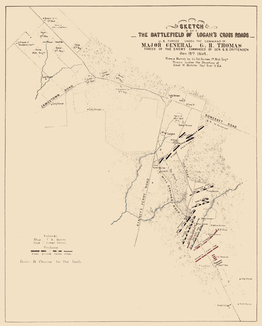 Historical Civil War Map - Logans Cross Roads Kentucky Battlefield - Michler 1862 - 23 x 28.60 - Vintage Wall Art