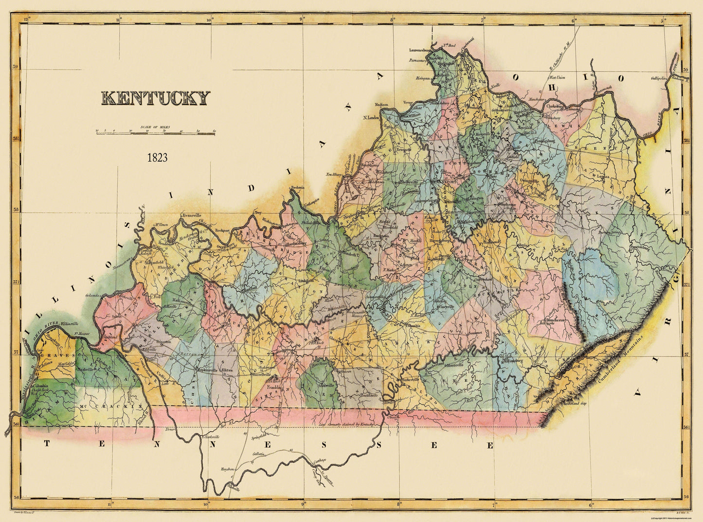 Historic State Map - Kentucky - Lucas 1823 - 31 x 23 - Vintage Wall Art