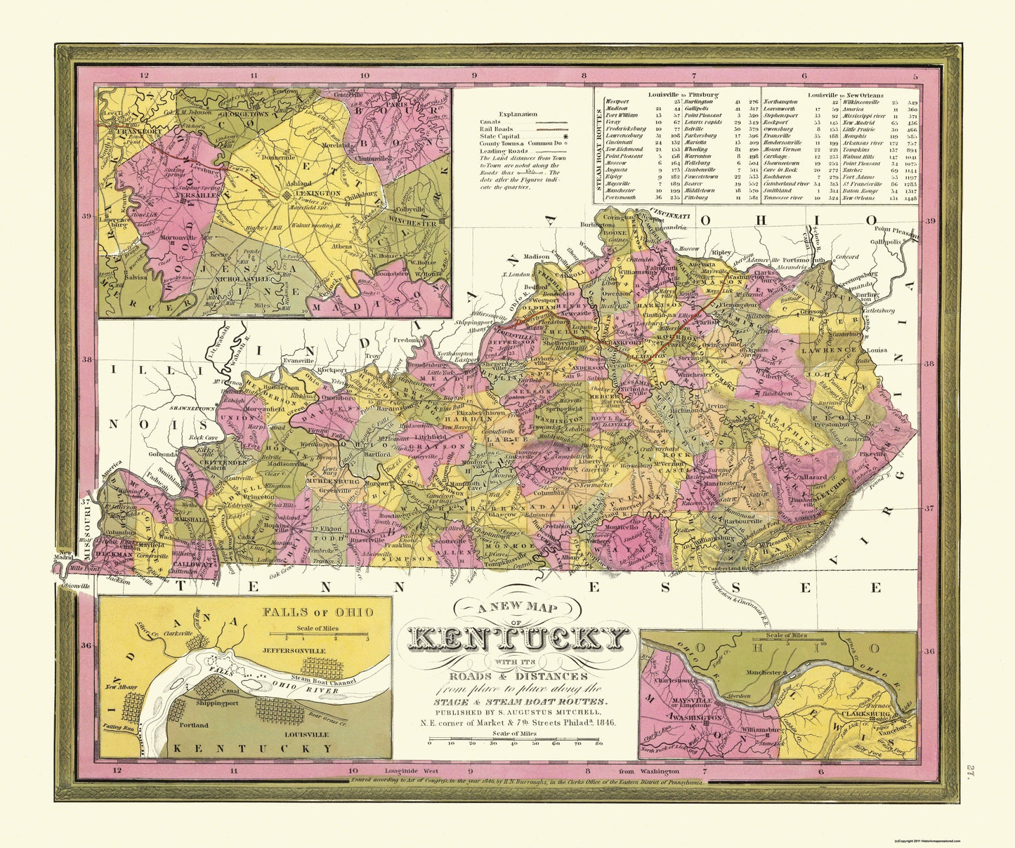 Historic State Map - Kentucky - Mitchell 1846 - 27.5 x 23 - Vintage Wall Art