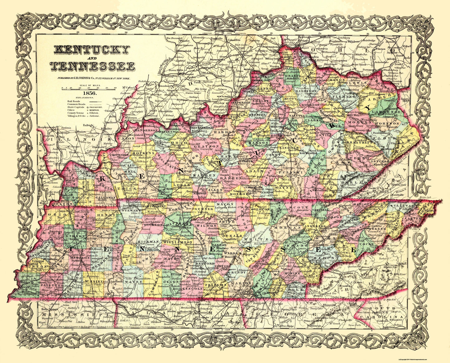 Historic State Map - Kentucky Tennessee - Colton 1856 - 28.5 x 23 - Vintage Wall Art