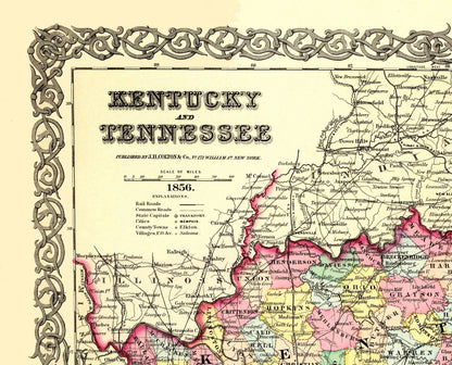 Historic State Map - Kentucky Tennessee - Colton 1856 - 28.5 x 23 - Vintage Wall Art