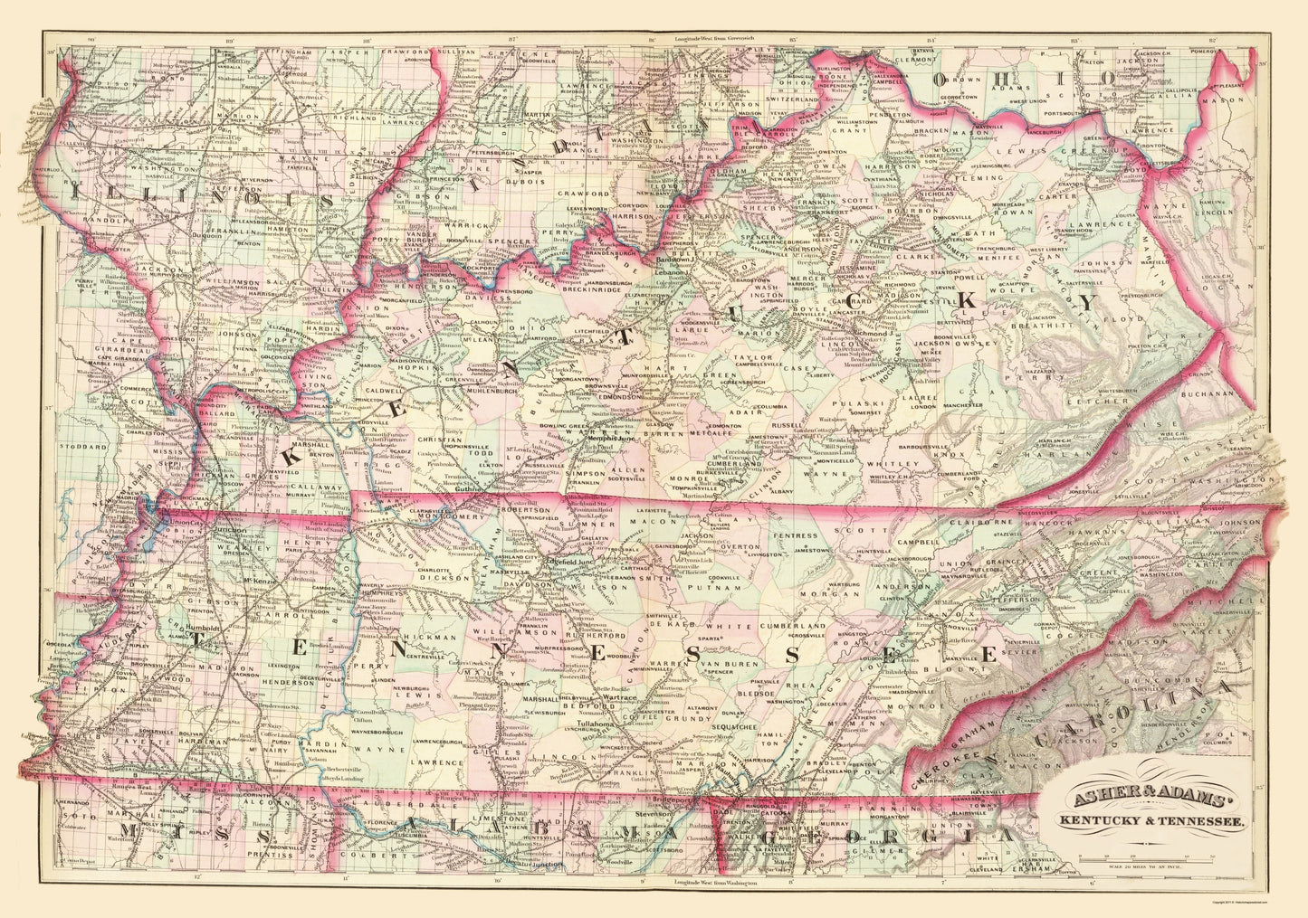 Historic State Map - Kentucky Tennessee - Asher  1874 - 23 x 32.75 - Vintage Wall Art