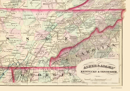 Historic State Map - Kentucky Tennessee - Asher  1874 - 23 x 32.75 - Vintage Wall Art