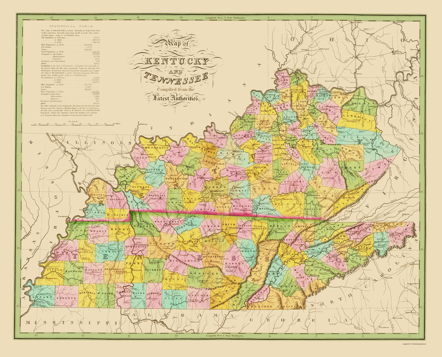 Historic State Map - Kentucky Tennessee - Finley 1839 - 23 x 28.50 - Vintage Wall Art