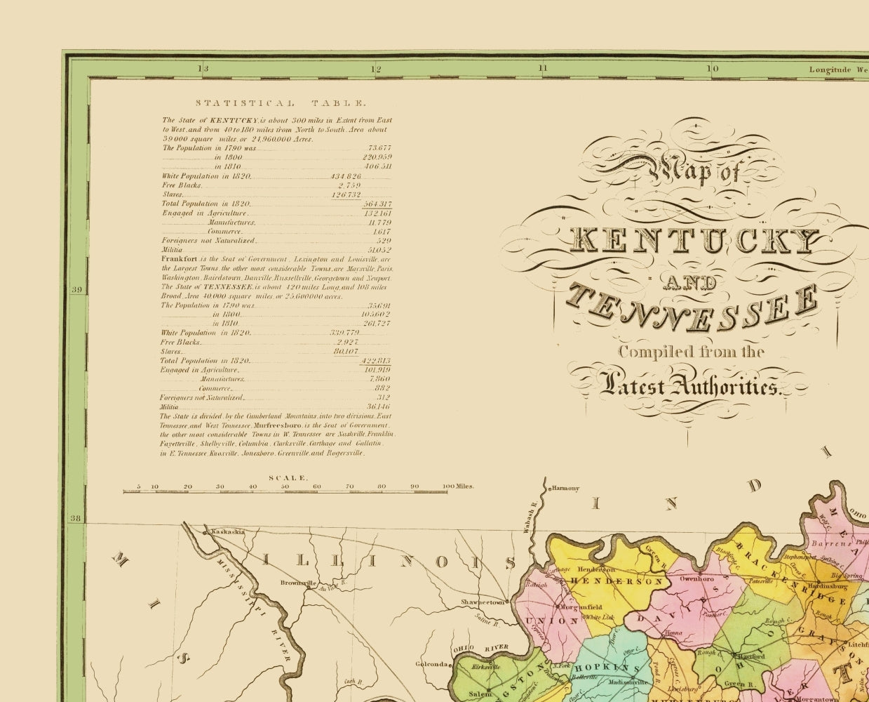 Historic State Map - Kentucky Tennessee - Finley 1839 - 23 x 28.50 - Vintage Wall Art