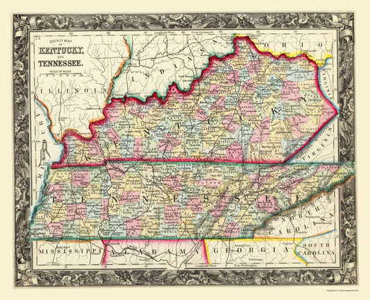 Historic State Map - Kentucky Tennessee Counties - Mitchell 1860 - 23 x 28.33 - Vintage Wall Art