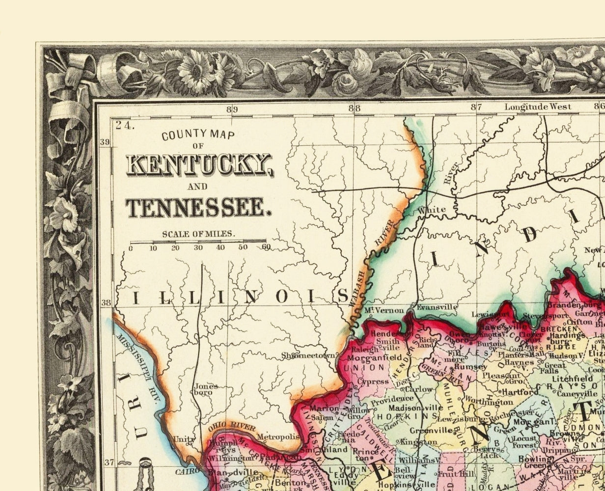 Historic State Map - Kentucky Tennessee Counties - Mitchell 1860 - 23 x 28.33 - Vintage Wall Art