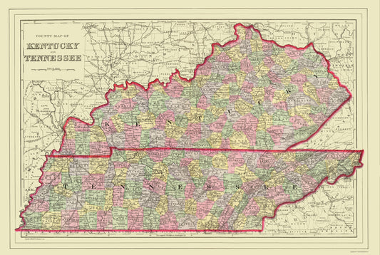 Historic State Map - Kentucky Tennessee Counties - Mitchell 1879 - 23 x 34.25 - Vintage Wall Art