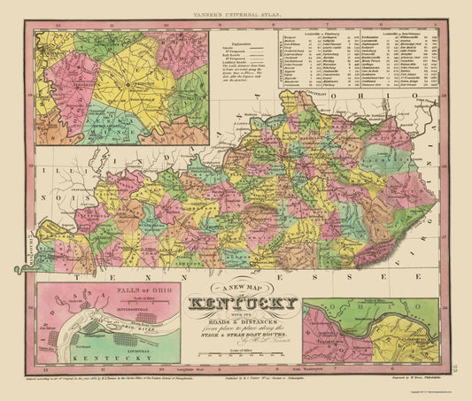 Historic State Map - Kentucky Tennessee Counties - Tanner 1833 - 23 x 27.06 - Vintage Wall Art