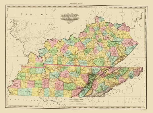 Historic State Map - Kentucky Tennessee Counties - Tanner 1825 - 23 x 30.97 - Vintage Wall Art