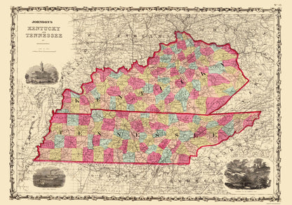 Historic State Map - Kentucky Tennessee - Johnson 1864 - 23 x 32.65 - Vintage Wall Art