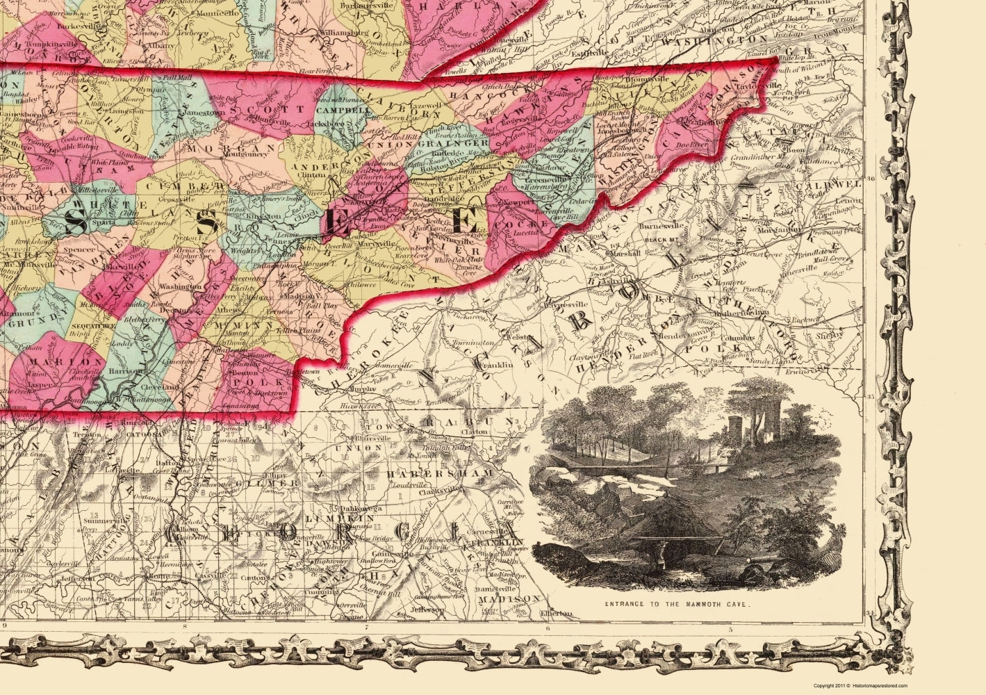 Historic State Map - Kentucky Tennessee - Johnson 1864 - 23 x 32.65 - Vintage Wall Art