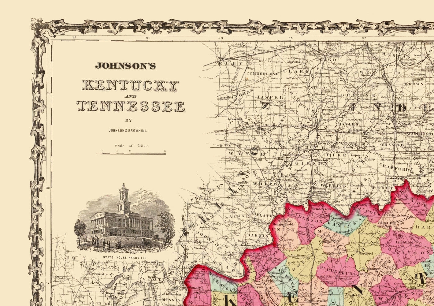 Historic State Map - Kentucky Tennessee - Johnson 1864 - 23 x 32.65 - Vintage Wall Art