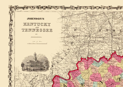 Historic State Map - Kentucky Tennessee - Johnson 1864 - 23 x 32.65 - Vintage Wall Art