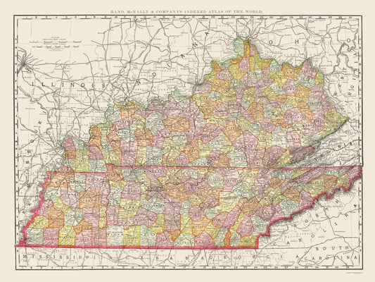 Historic State Map - Kentucky Tennessee Counties - Rand McNally 1897 - 23 x 30.64 - Vintage Wall Art